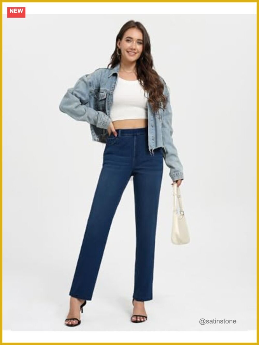 Women's Straight Leg Stretch Pull On High Waisted Comfort Jeans - Picture 5 of 5
